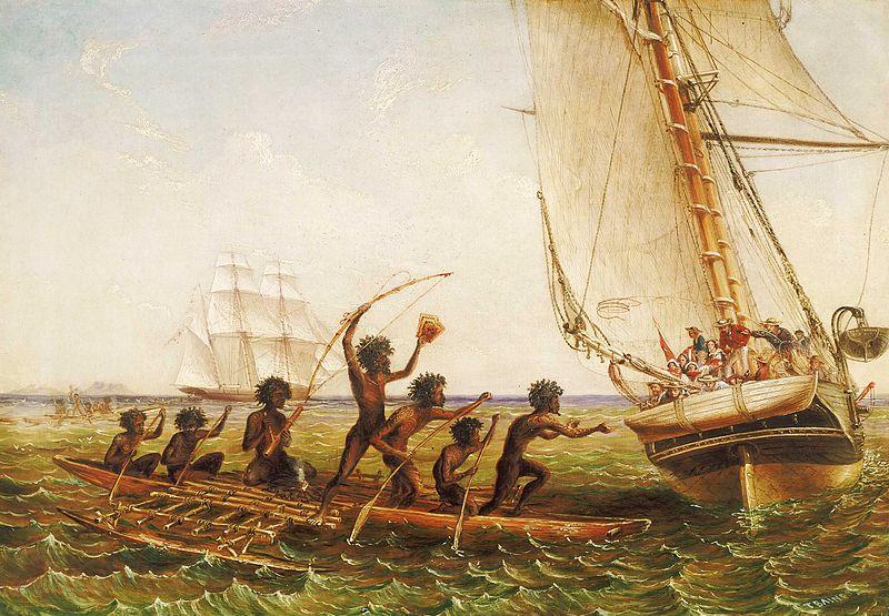 John Thomas Baines Aboriginal Canoes Communicating with the 'Monarch' and the 'Tom Tough', 28 August 1855